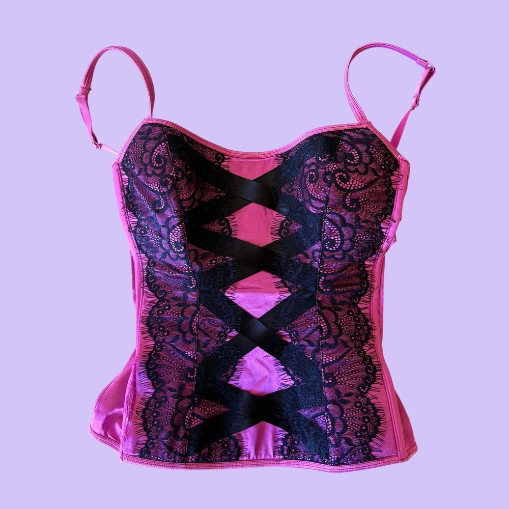 Y2K Victorias Secret Pink Lace Corset Cami Top Ribbon Bustier Scene #15
